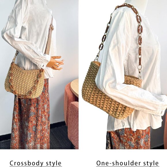 Women’s Straw Crossbody Bag Small Handwoven Summer Beach Handbag with Chain - Picture 3 of 9